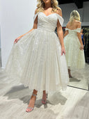 A-line Off-the-Shoulder Pleated Ankle-Length Sequins Dress
