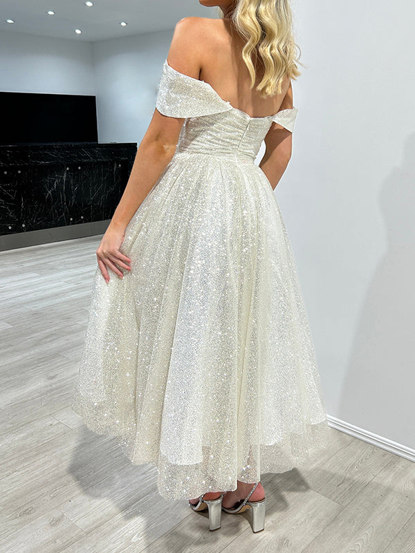 A-line Off-the-Shoulder Pleated Ankle-Length Sequins Dress