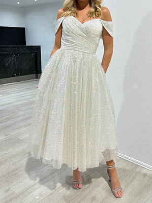 A-line Off-the-Shoulder Pleated Ankle-Length Sequins Dress