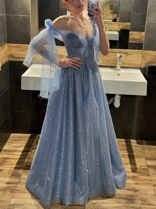 A-line Off-the-Shoulder Sequin Floor-Length Corset Dress