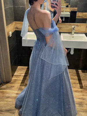 A-line Off-the-Shoulder Sequin Floor-Length Corset Dress