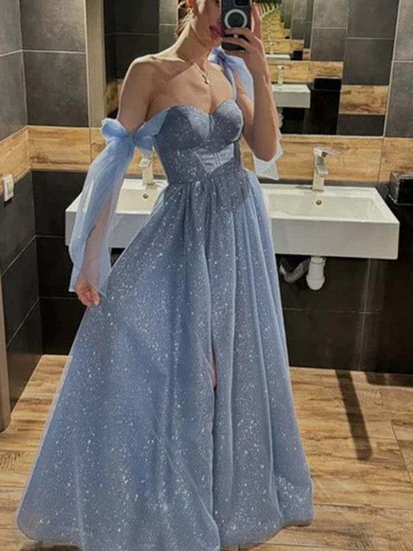 A-line Off-the-Shoulder Sequin Floor-Length Corset Dress