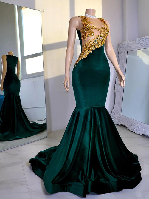 Mermaid Illusion Beading Sweep Train Velvet Dress