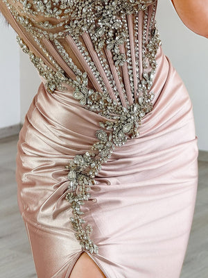 Sheath V-neck Rhinestone Sweep Train Silk Like Satin Corset Dress