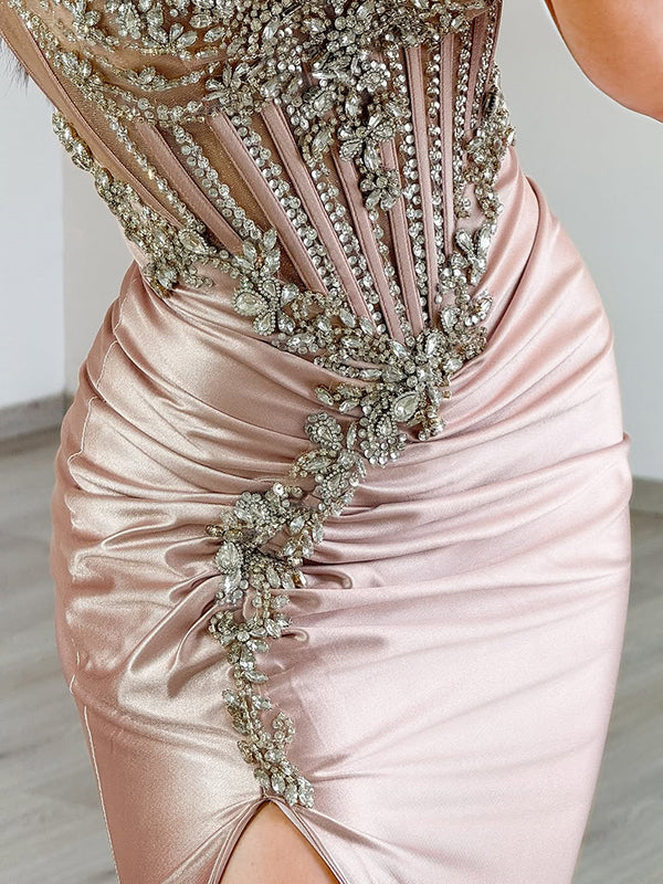 Sheath V-neck Rhinestone Sweep Train Silk Like Satin Corset Dress