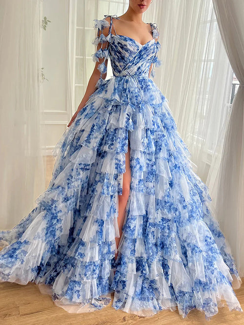 A-line V-neck Cascading Ruffles Floor-Length Dress