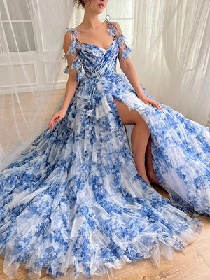 A-line V-neck Cascading Ruffles Floor-Length Dress