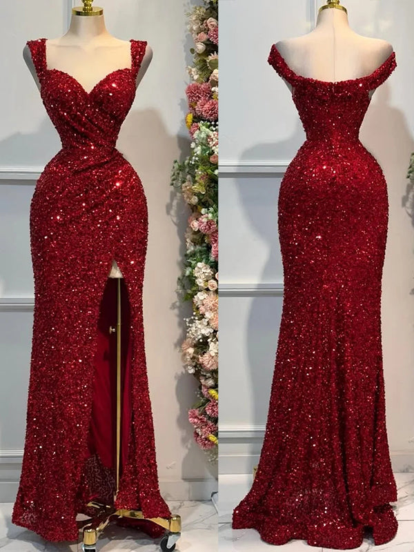 Sheath Sweetheart Ruffles Floor-Length Velvet Sequins Dress