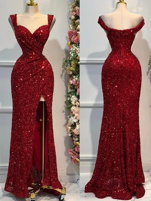 Sheath Sweetheart Ruffles Floor-Length Velvet Sequins Dress