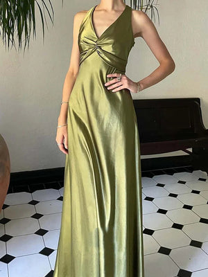 Sheath V-neck Pleated Sweep Train Silk like Satin Dress