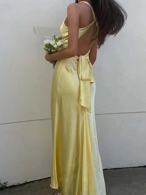 Sheath V-neck Pleated Sweep Train Silk like Satin Dress