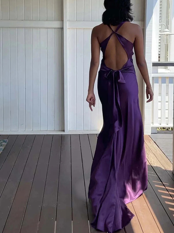 Sheath V-neck Pleated Sweep Train Silk like Satin Dress