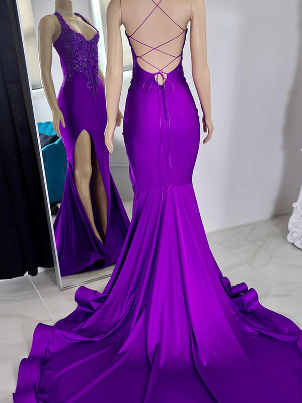 Sheath Halter Appliques Lace Chapel Train Silk like Satin Dress