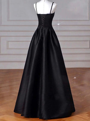 A-line Spaghetti Straps Ruffles Floor-Length Satin Dress