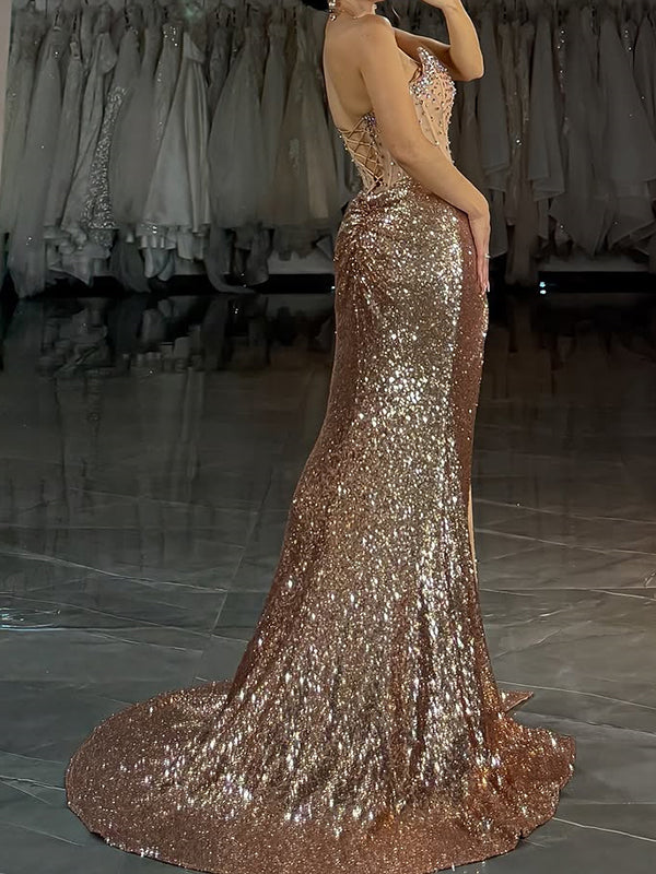 Sheath Sweetheart Beading Sweep Train Sequins Corset Dress