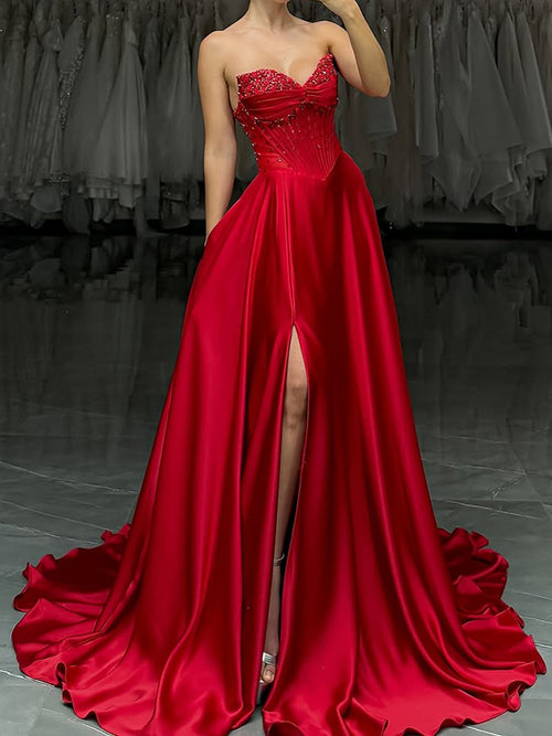 A-line Sweetheart Beading Sweep Train Silk like Satin Corset Dress