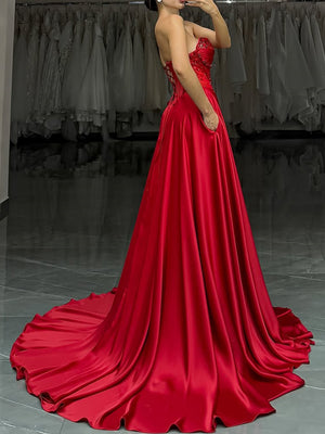 A-line Sweetheart Beading Sweep Train Silk like Satin Corset Dress