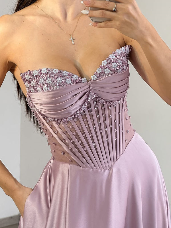 A-line Sweetheart Beading Sweep Train Silk like Satin Corset Dress