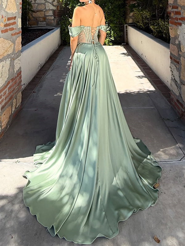 A-line Sweetheart Beading Sweep Train Silk like Satin Corset Dress