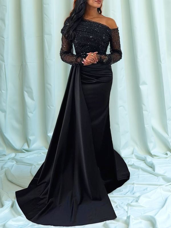 Sheath Long Sleeves Pleated Sweep Train Silk Like Satin Corset Dress