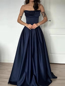 A-line Straight Pleated Floor-Length Satin Corset Prom Dress