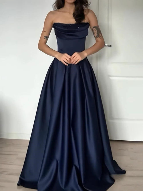 A-line Straight Pleated Floor-Length Satin Corset Prom Dress
