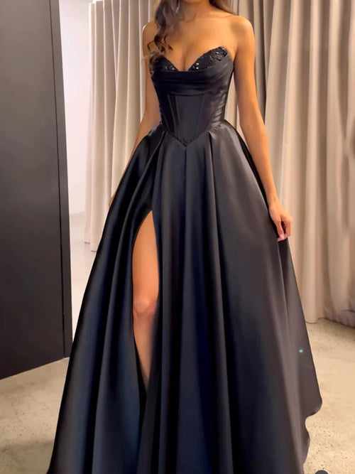 A-line Sweetheart Pleated Floor-Length Satin Corset Prom Dress