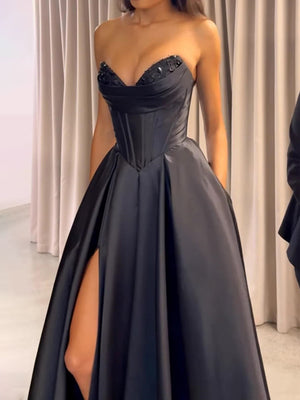 A-line Sweetheart Pleated Floor-Length Satin Corset Prom Dress