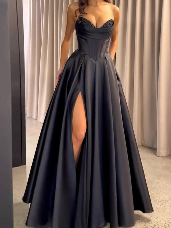 A-line Sweetheart Pleated Floor-Length Satin Corset Prom Dress