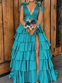 A-line Straps Bow Sweep Train Taffeta Corset Prom Dress