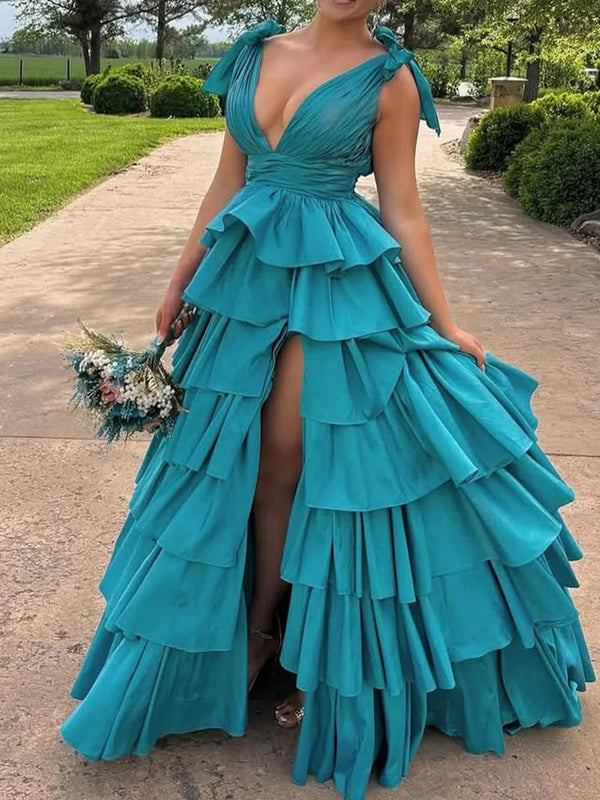 A-line Straps Bow Sweep Train Taffeta Corset Prom Dress