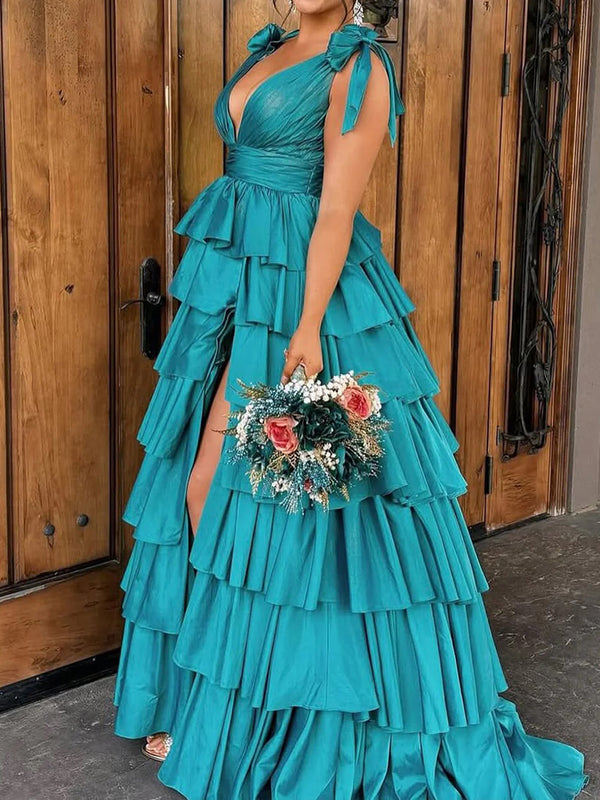 A-line Straps Bow Sweep Train Taffeta Corset Prom Dress