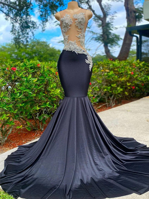 Mermaid Illusion Beading Sweep Train Jersey Prom Dress