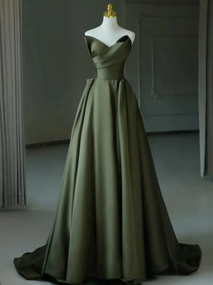 A-line Sweetheart Pleated Sweep Train Satin Corset Prom Dress