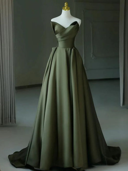 A-line Sweetheart Pleated Sweep Train Satin Corset Prom Dress
