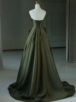 A-line Sweetheart Pleated Sweep Train Satin Corset Prom Dress