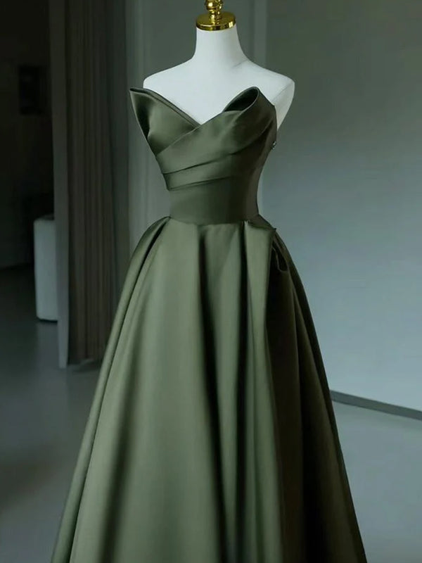 A-line Sweetheart Pleated Sweep Train Satin Corset Prom Dress