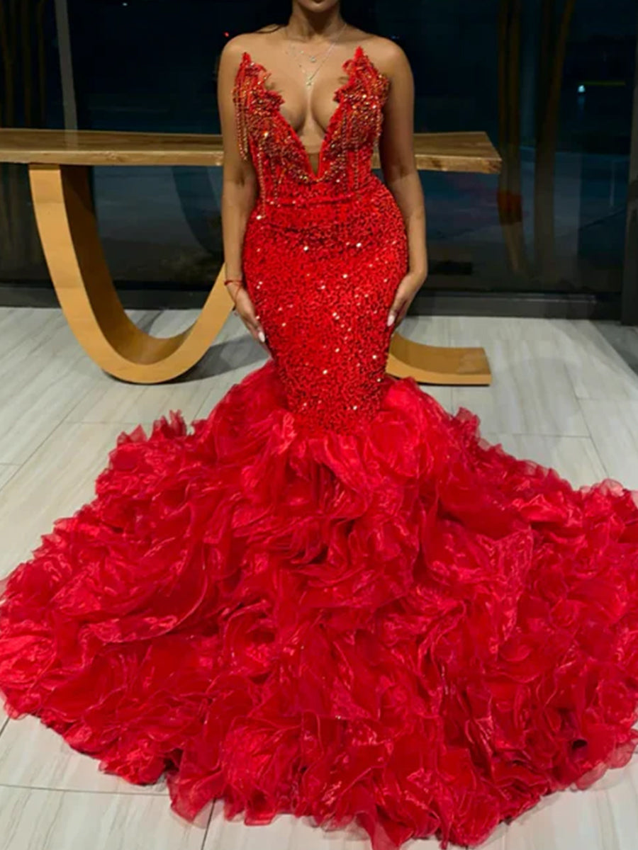 Mermaid V-neck Cascading Ruffles Court Train Velvet Sequins Corset Prom Dress