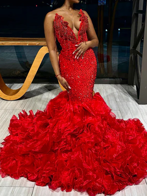 Mermaid V-neck Cascading Ruffles Court Train Velvet Sequins Corset Prom Dress
