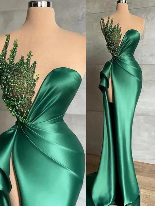 Sheath Sweetheart Beading Sweep Train Silk Like Satin Prom Dress