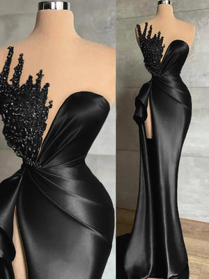 Sheath Sweetheart Beading Sweep Train Silk Like Satin Prom Dress