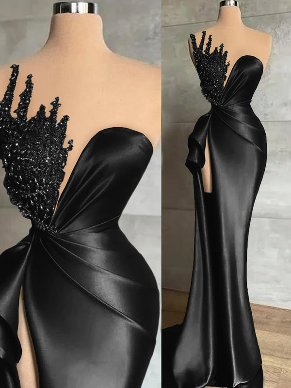 Sheath Sweetheart Beading Sweep Train Silk Like Satin Prom Dress