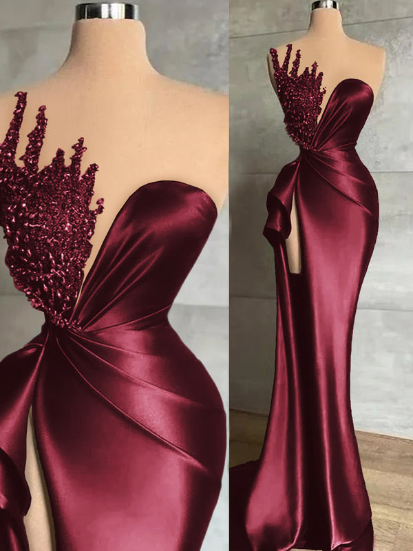 Sheath Sweetheart Beading Sweep Train Silk Like Satin Prom Dress