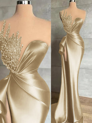 Sheath Sweetheart Beading Sweep Train Silk Like Satin Prom Dress