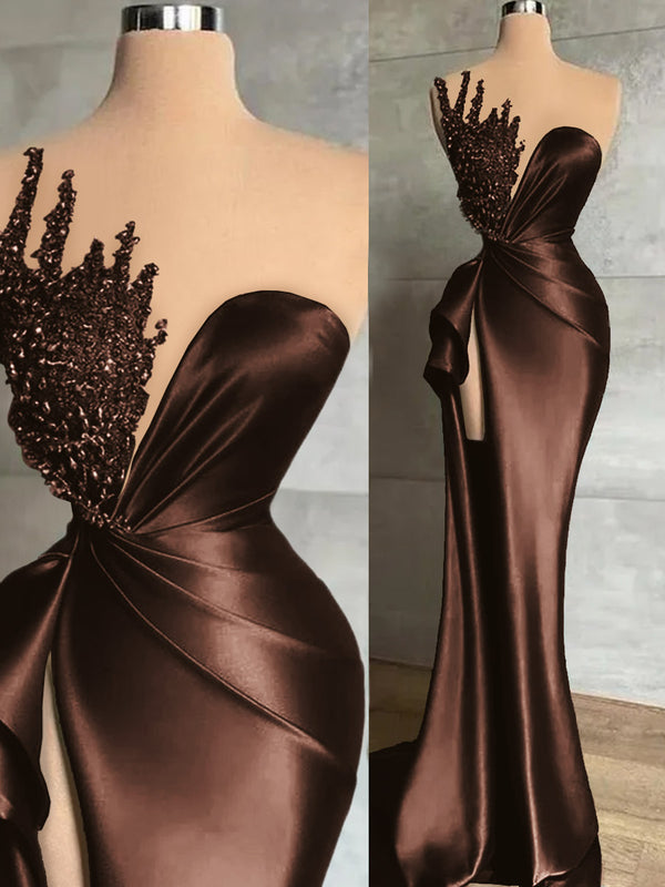 Sheath Sweetheart Beading Sweep Train Silk Like Satin Prom Dress