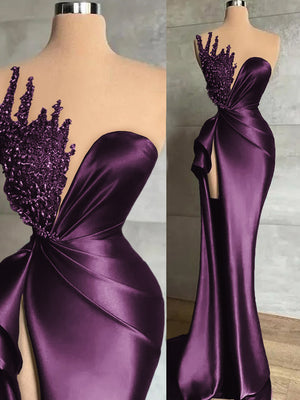 Sheath Sweetheart Beading Sweep Train Silk Like Satin Prom Dress
