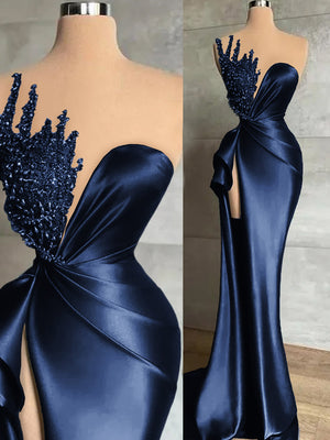 Sheath Sweetheart Beading Sweep Train Silk Like Satin Prom Dress