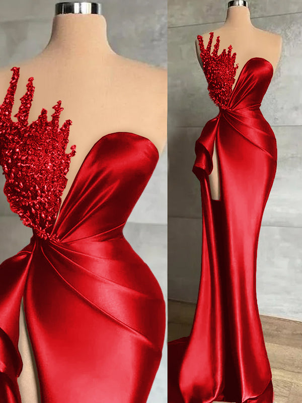 Sheath Sweetheart Beading Sweep Train Silk Like Satin Prom Dress