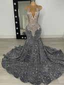 Mermaid Halter Sequin Sweep Train Velvet Sequins Prom Dress