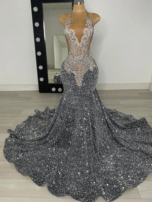 Mermaid Halter Sequin Sweep Train Velvet Sequins Prom Dress